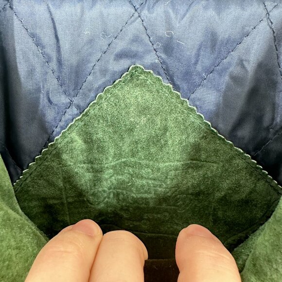 Green & Blue Suede Leather Bomber Jacket 80s Vintage Copper Key Size Medium - Picture 12 of 12